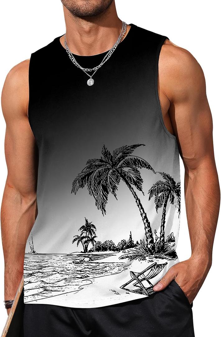 Mens Tank Tops Beach Summer Sleeveless Shirts Graphic Palm Tree Vacation Tanks Muscle Gym Tank Top XX-Large, Black Gradient