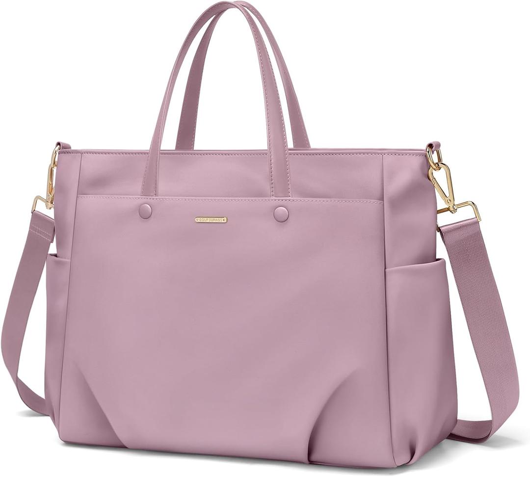15.6 Inch Laptop Tote Bag for Women, Lightweight Nylon Work Shoulder Bag, Water-Resistant Computer Handbag with Pockets for Business Travel & Commute (Pinkish Purple)