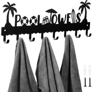 Capoda Pool Towel Rack Metal Towel Hooks Wall Mounted Towel Holder Beach Towel Hook Rack Summer Pool Towel Holder with 8 Hooks for Storage Bath Towel, Robe Swimsuit, Coat, Bags, Phone, Keys(Black)