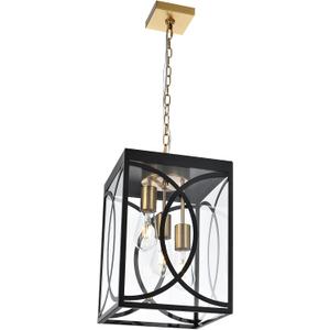 Outdoor Pendant Light Fixtures, Modern 3-Lights Exterior Hanging Lantern Clear Glass Panel, Black Large Outdoor Chandelier for Porch Patio Front Door