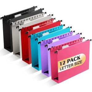 Extra Capacity Plastic Hanging File Folder, 12 Pack Reinforced Hang Folders Letter Size, Heavy Duty 2 Inch Expansion Filing Cabinet Folders for Bulk Files, Medical Charts, Assorted Colors