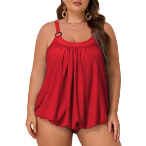 Aleumdr Plus Size Tankini Swimsuit for Women 2 Piece Tummy Control Bathing Suit Blouson Flowy Swim Dress with Bottom (XX-Large, Fiery Red)