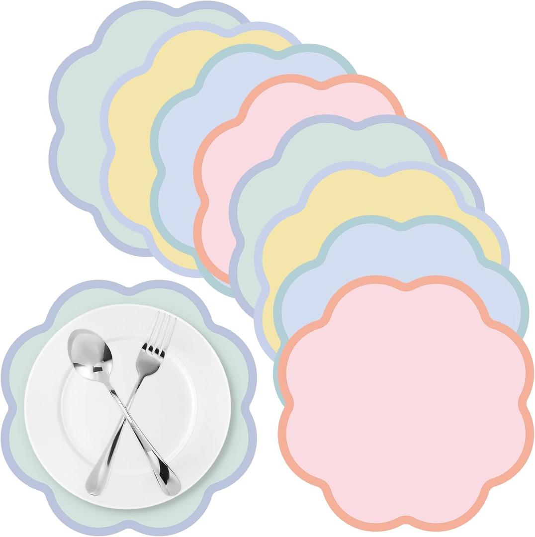 Patelai 48 Pcs Wavy Round Paper Placemats Colorful Pastel Disposable Placemats with Wavy Border for Birthday Wedding Tea Party Banquet Dinner Table Setting
