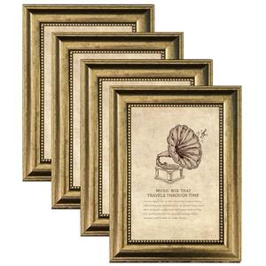 TKYGU 4x6 Picture Frame with Real Glass, 4 set Ornate Vintage Picture Frames for Wall or Tabletop Display, Gold 4 x 6 Frame for Wall home best gift