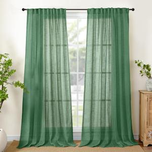 YoungsTex Green Linen Semi Sheer Curtains 84 Inch Length - Light Filtering Drapes with Back Tab Rod Pocket Lightweight for Living Room Window, 2 Panels, 52 X 84 Inch
