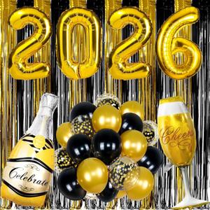 2026 Happy New Years Party Decorations, Gold Black Foil Fringe Curtains Number 2026 Party Balloons for New Year Photo Props, 2026 New Year's Eve Party SuppliesGraduation School Decor