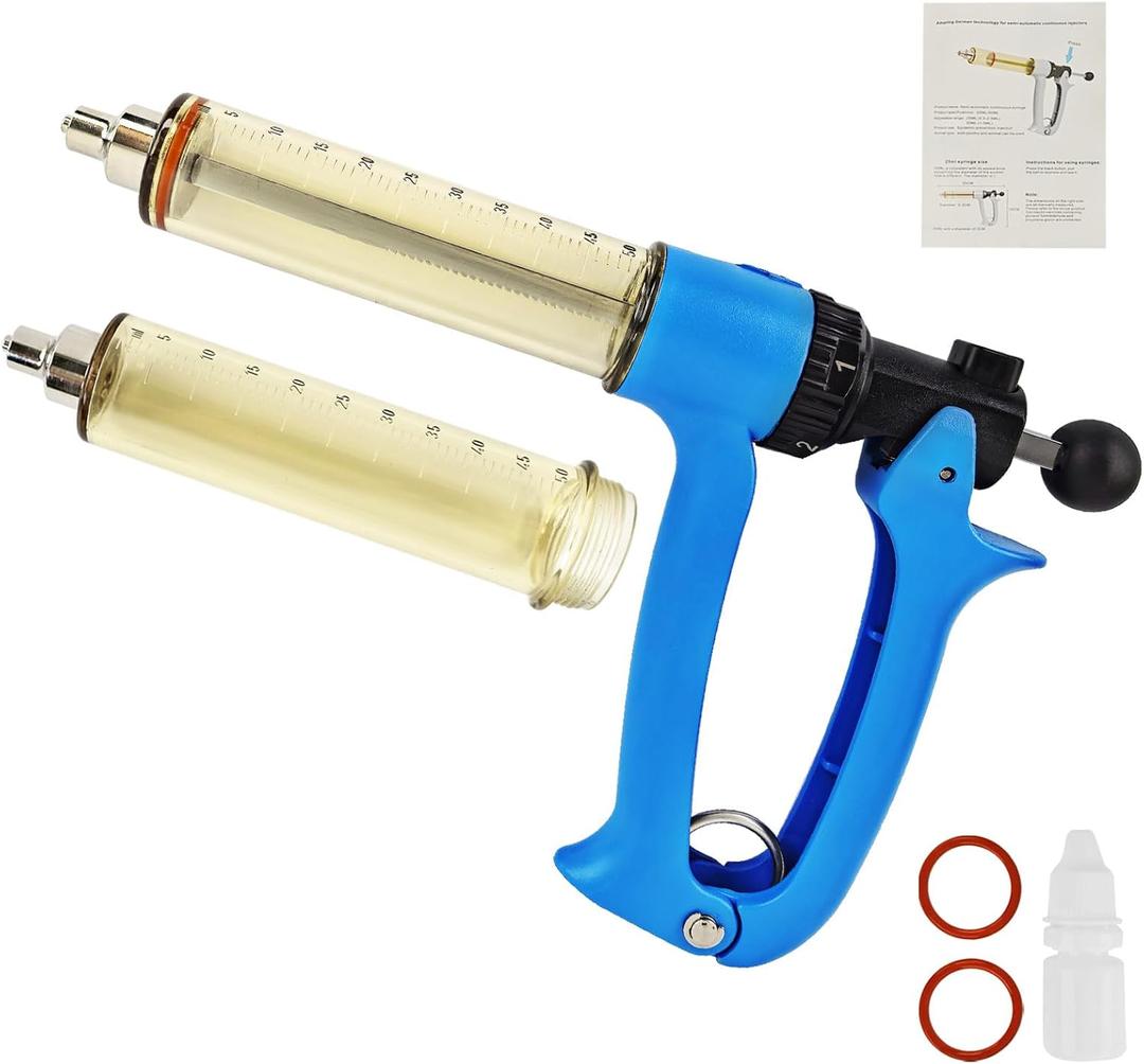 50ML Semi Automatic Livestock Syringe for Cow Goat Cattle Sheep Pig, 5 Gears Adjustable Continuous Repeating Injection, Veterinary Cattle Vaccine Luer Lock Syringe with 2 Tubes