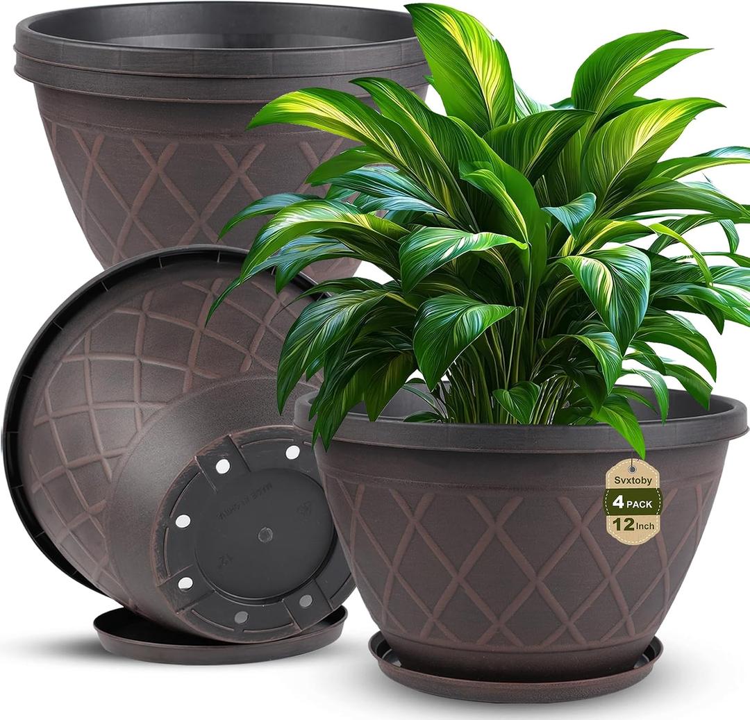4 Pack 12 Inch Pots for Plants, Plastic Flower Pots with Faux-fence Texture | Modern Planter Pots with Saucers & Drainage Holes, Sturdy & Durable Garden Pots Suitable for Indoor Outdoor Garden (Brown)