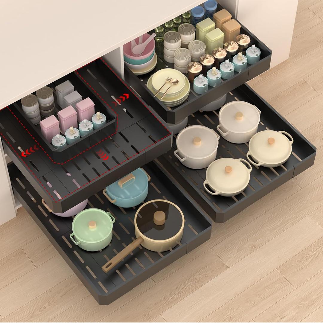 2 Pack Pull out Cabinet Organizer,Adjustable Width (14"-19") and Depth (17"-24"),No Drill Slide out Drawers for Kitchen,Pantry,Adhesive Roll out Shelves,for Cabinets Without Lip