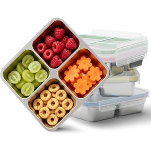 Bakpoco 4 Pack Stainless Steel Snack Containers, 4 Compartment Metal Snack Containers with Lid, Compact Food Storage Box Containers For Lunch & Snacks, 6.08oz x 4 compartments x 4 packs