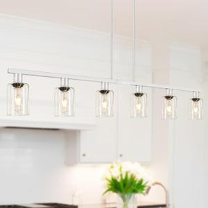 6-Light Kitchen Island Lighting with Glass Shade and Adjustable Rods, Brushed Nickel Dining Room Light Fixture Over Table, Farmhouse Linear Chandelier Pendant Light for Kitchen Living Room