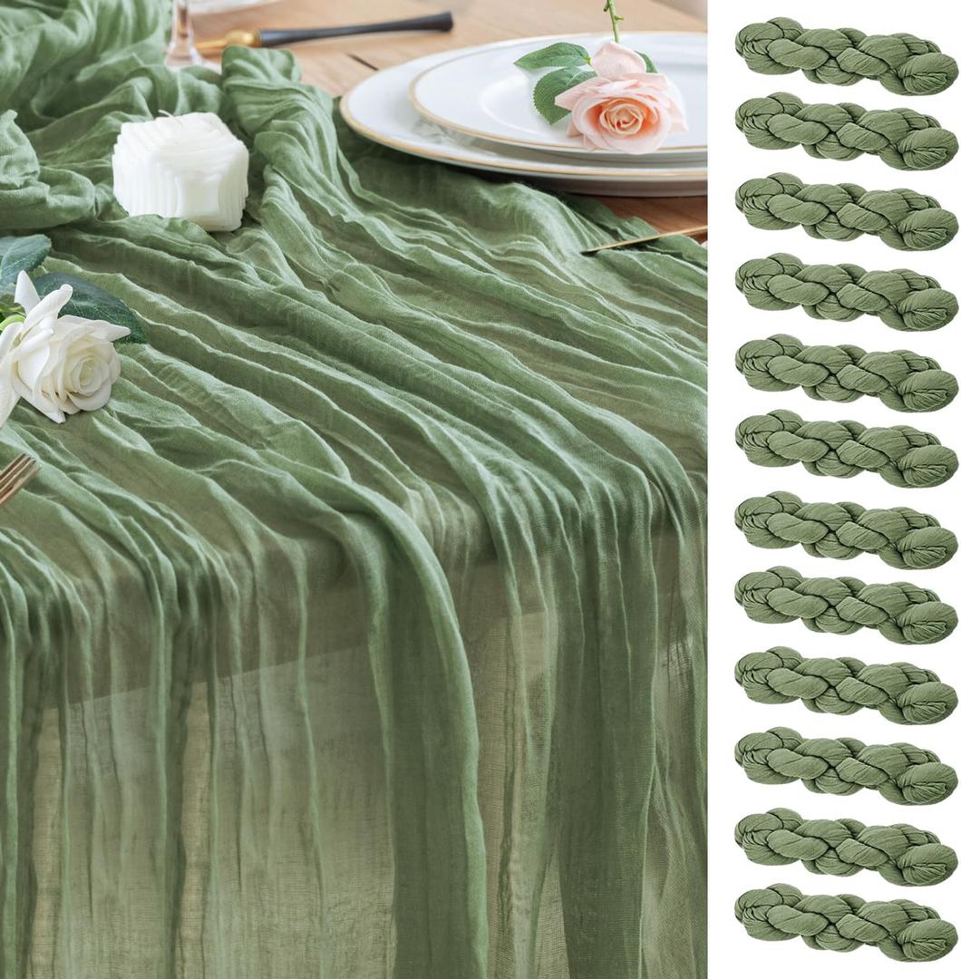 Wokceer Sage Green Cheesecloth Table Runner Spring 12Pack 10FT Gauze Easter Cheese Cloth Table Runner for Party Rustic Sheer Runners Christmas for Baby Bridal Shower Wedding