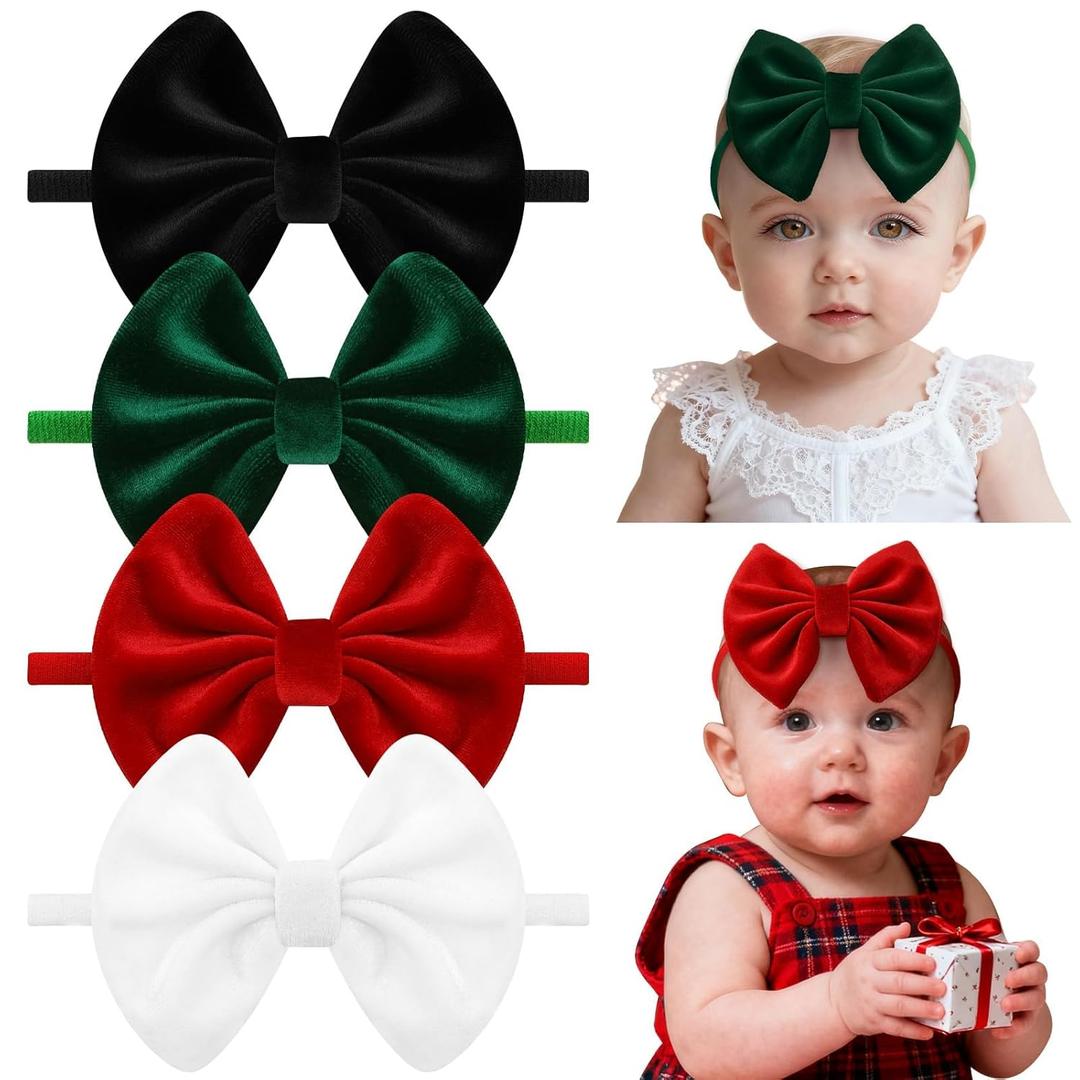 4 Pcs Velvet Baby Bow Headbands, Christmas Newborn Headband Bows Nylon Handmade Hair Accessories for Baby Infants Toddlers Child (red, green, black, white)