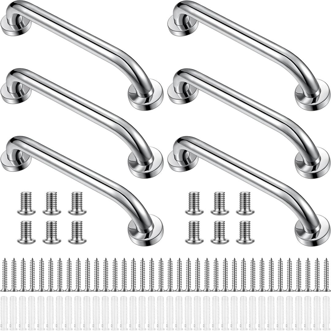 Therwen 6 Pack Grab Bars for Bathtubs and Showers Shower Grab Bars for Seniors Stainless Steel Bathroom Handicap for Elderly for Wall Shower Handle Assist Device(12 Inch,Silver)