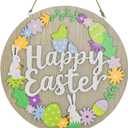 Ovootok Happy Easter Door Sign - 11.8" Wooden Bunny Hanging Sign, Egg Rabbit Wreath, Spring Wall Home Farmhouse Decor (Multicolor)