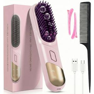 Go Brush Pro, 2026 Cordless Hair Straightener Brush 4 Adjustable Temperature 300 Million Negative Ions Portable USB Charging Travel Hair Straightener Suitable for All Hair Types (Pink)