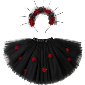 PinkSheep Girls Costume Set,Led Light Up Girls Tutu Skirt with Headband Bow Tie, Kids School Party Outfit Dress Up Cosplay (Medium, Skull Black)