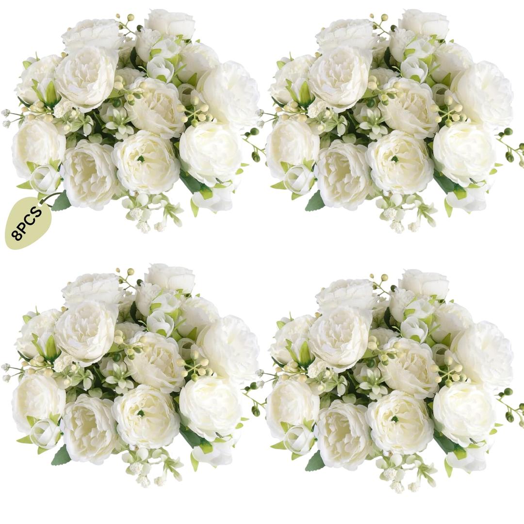 ASTRYAS 8 Packs Peonies Artificial Flowers, White Artificial Peonies, Silk Peonies Flowers Fake Peonies Artificial Flowers Peonies Bouquet for Centerpiece Table Wedding Party Home Decor 8pcs White, 8PCS