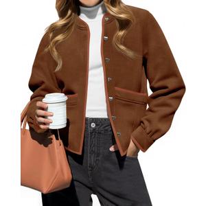 Cicy Bell Womens Button Down Bomber Jackets Puff Sleeve Cropped Pea Coats Casual Fall Color Block Outerwear (Small, Brown)
