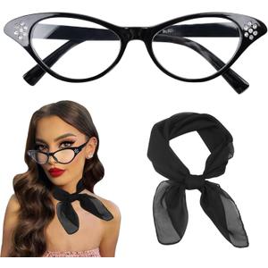 50's Costume Accessories Set for Women 1950s Vintage Chiffon Neck Scarf Rhinestone Cat Eye Glasses for Cosplay Party