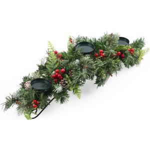 30" Christmas Centerpieces for Tables and Fireplaces with 3 Candle Trays, Artificial Christmas Table Decorations with Pine Needles, Cones, Strings of Red Cherry & Snowy Leaves
