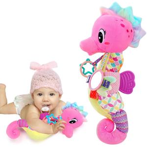 Baby Girl Toys 0-6 Months Musical Seahorse Stuffed Animal Tummy Time Toys for Infant 3-6 6-12 Months with Baby Mirror Sensory Newborn Crinkle Developmental Pink Toy Birthday Shower Gifts 0-3 4 5 Month