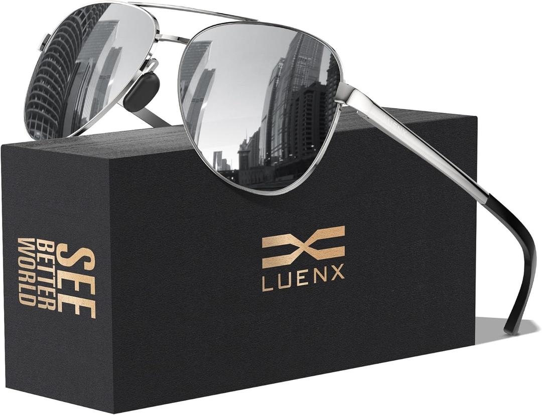 LUENX Aviator Sunglasses for Men Women Polarized - UV400 Protection, Stylish Shades, Driving, Outdoor Activities (A11-silver/Mirrored/Without Zipper Case)
