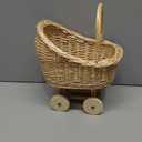 FRCOLOR Hand Woven Rattan Stroller, Wicker Baby Carriage for Baby Shower, Vintage Wicker Basket Flower Girl Baskets/Wedding Parties/Home Decoration/Flower Shop Display(13.77X10.43X7.48In)