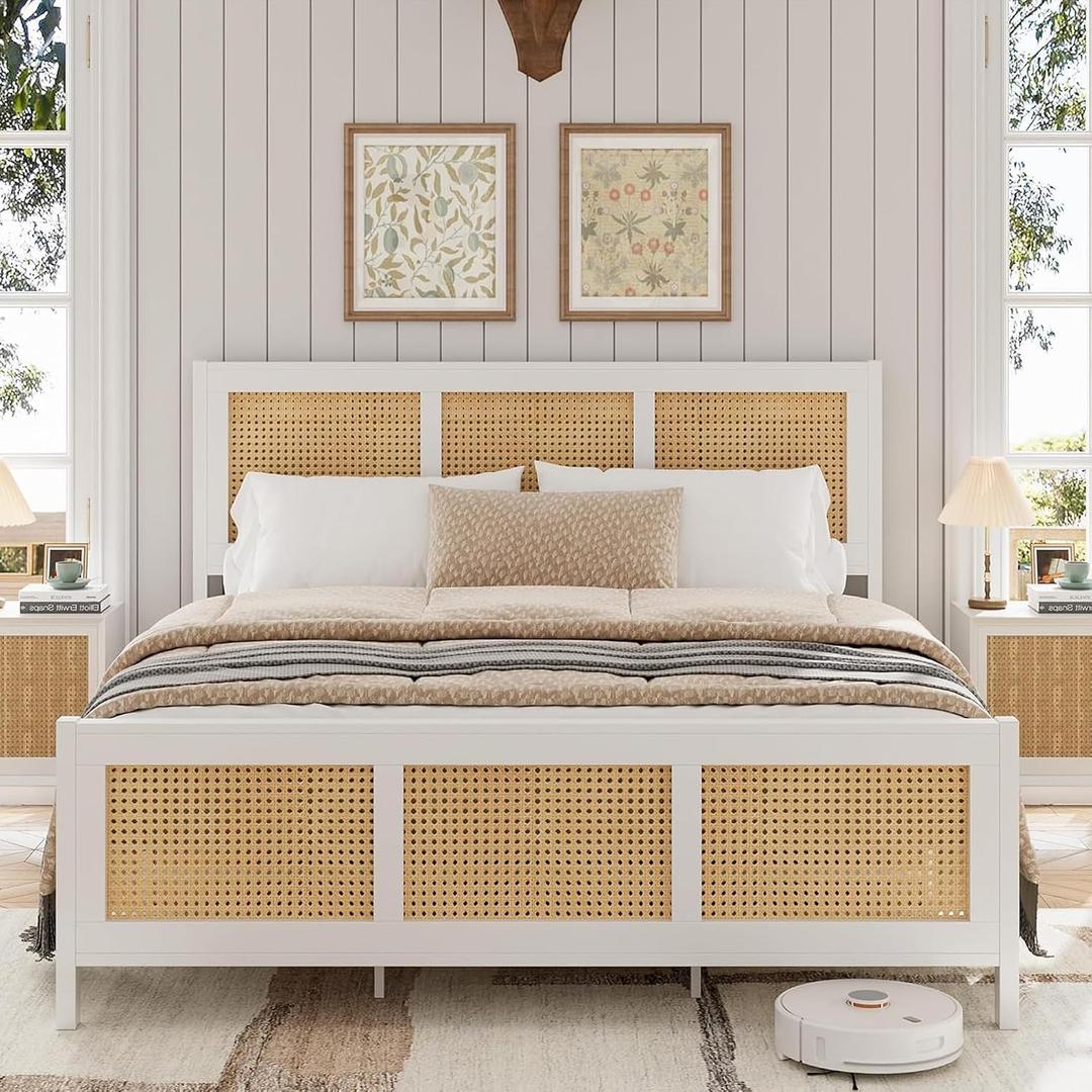 GarveeHome Full Size Bed Frame with Headboard, Boho Rattan Bed Frame with Strong Metal Slat, Noise Free, No Box Spring Needed, White and Natural