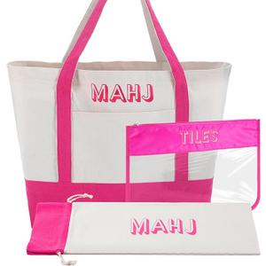 Sunnymove 3 Pcs Empty Mahjong Canvas Bag Gift Embroidered American Mahjong Set Incl Tiles Bag and Racks & Pushers Drawstring Bags(Pink)