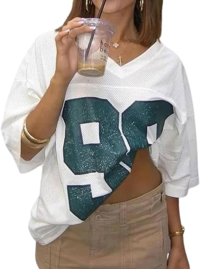 Oversized Jersey Women Summer Tops 2024 Grunge Graphic Tees Y2k Streetwear Short Sleeve Shirts (XL)