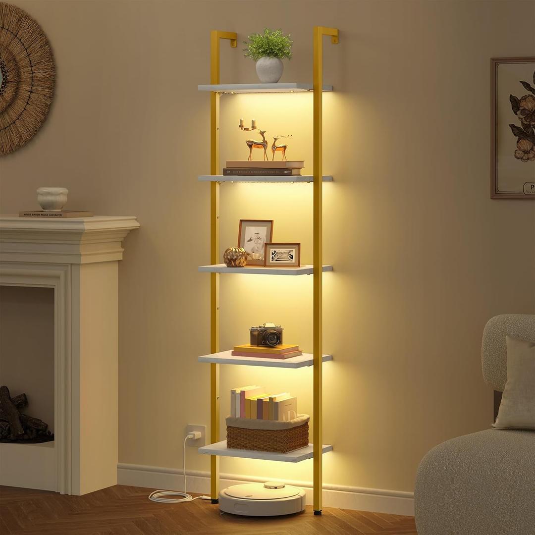 5 Tier Ladder Shelf with Light, Wooden Wall Mounted Book Shelf, Wall Mounted Ladder Bookshelf with Metal Frame, Industrial Ladder Bookshelf for Office, Living Room, Bedroom, Gold & White