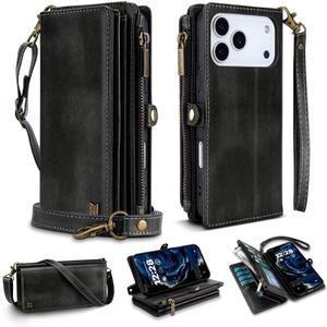 for iPhone 17 Pro Max Wallet Phone Case with 8 Card Holder,RFID Blocking | PU Leather | Kickstand | Flip | Wrist Strap&Shoulder Strap | Shockproof | Zipper Wallet | Women Men | 6.9" | Black