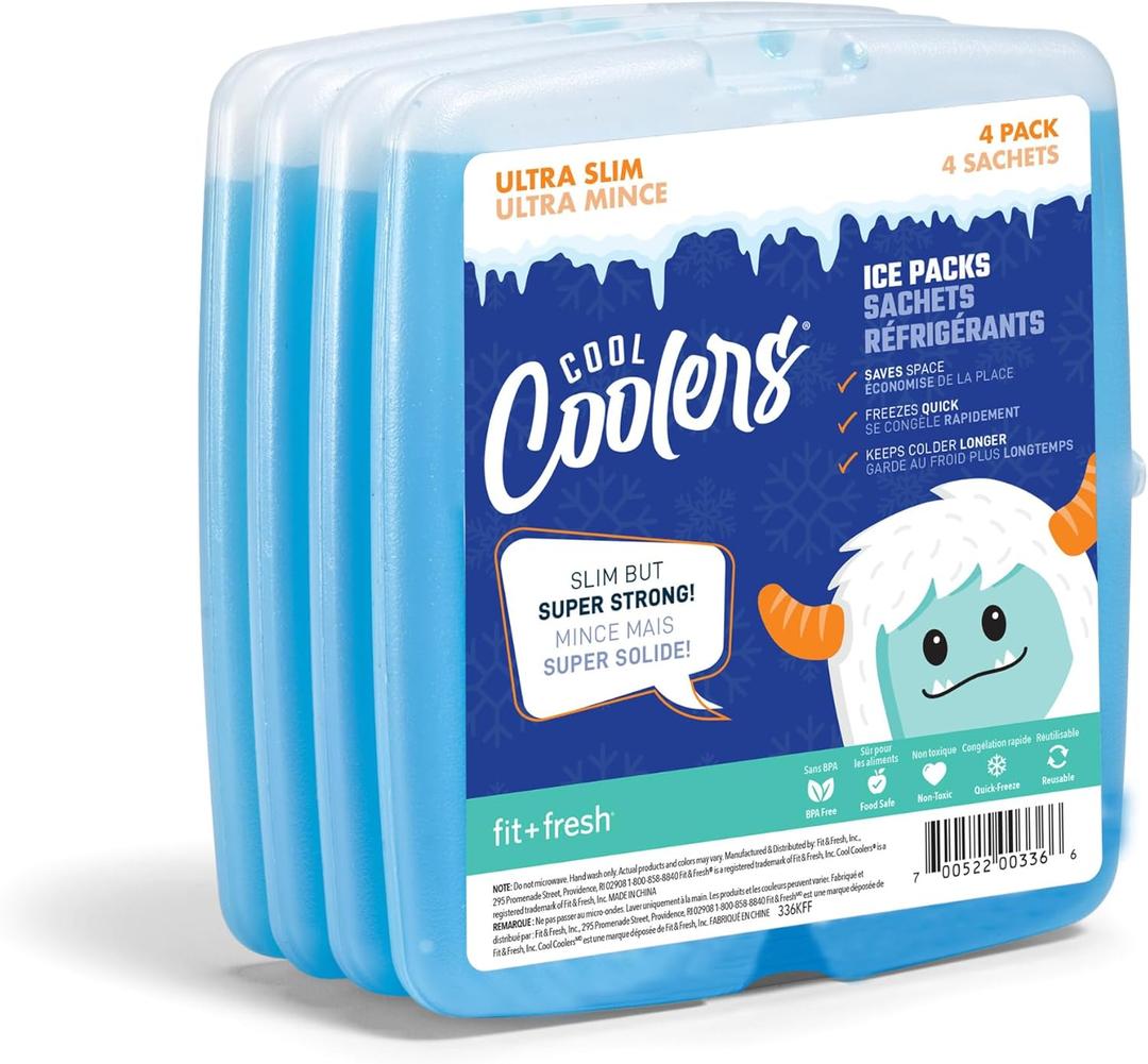 Cool Coolers by Fit & Fresh Slim Ice Packs, Quick Freeze, Space-Saving, Reusable Ice Packs for Lunch Boxes & Coolers, Medium, Blue 4 PK