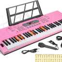 Keyboard Piano Lighted Keys for Beginner Adults Teens Kids, 61 Key Electronic Music Keyboard with Teaching Modes Powered by USB or Battery with LCD Display Microphone Headphone Jack Pink