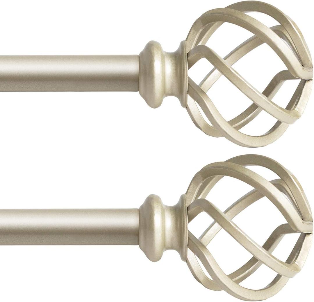 Drapery Window Curtain Rod,3/4" Diameter Single Curtain Rod with Twisted Cage Finials,Adjustable Length from 48" to 86", Satin Gold Nickel, 2 Pack
