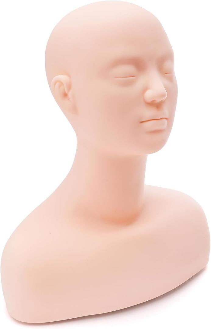 Dicunoy Esthetics Mannequin Head with Shoulder, Soft PVC Human Hair Mannequin Head for Makeup, Facial Techniques, Massage, Lash Extensions Practice, Wig Display, Salons Cosmetology School