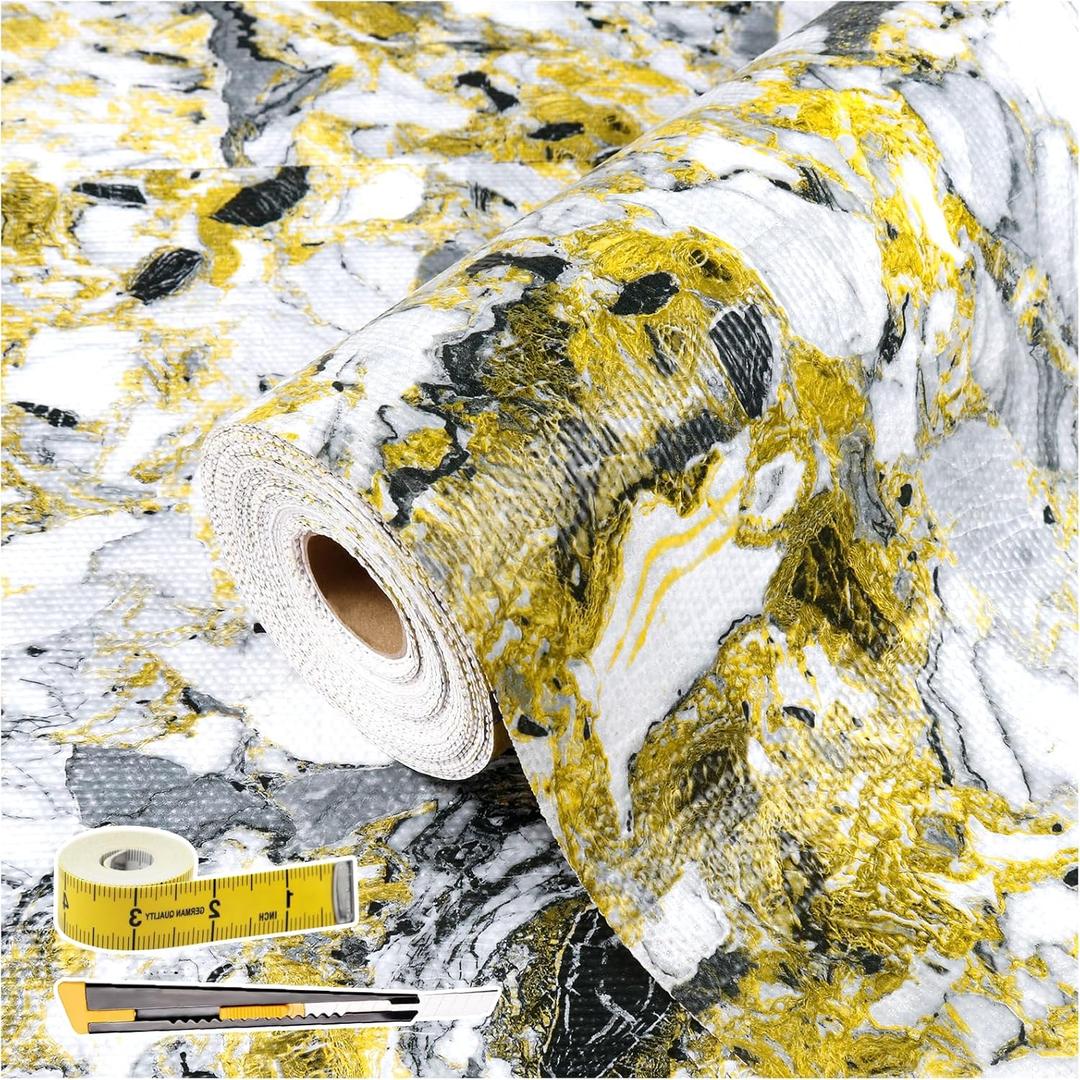 Drawer and Shelf Liner - Yellow Black Marble Pattern,Non Adhesive Non Slip Waterproof Easy-Clean Liner for Kitchen Cabinet, Refrigerator, Bathroom, Pantry Storage Drawers, 12 in x 10 Ft