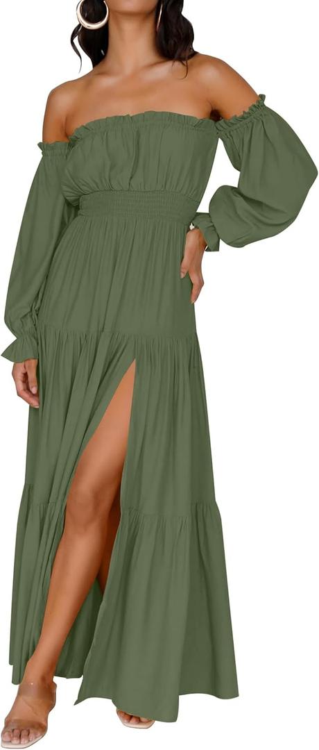 ZESICA Women's Boho Off Shoulder Wedding Guest Dress 2026 Spring Summer Side Split Flowy A Line Long Maxi Dresses (Green, M)