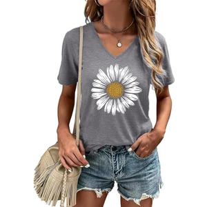Women's T-Shirt V-Neck Graphic Tees Vintage Boho Flowers Shirt Summer Casual Plant Short Sleeve Tshirt Tops, XL