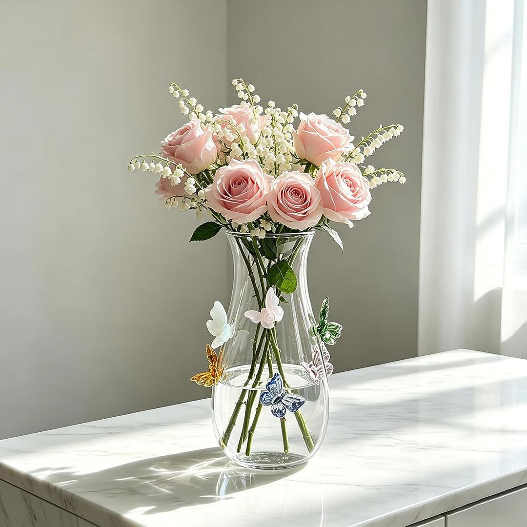 3D Butterfly Vase, 8.5 Inch Clear Unique Flower Vases for Centerpieces Wedding Themed Party Home Decor Living Room Bedroom Dining Coffee Table Bookshelf Kitchen Countertop, Multicolor