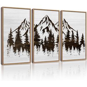KUVIOKE Mountains Tree Framed Wall Art Boho White Forest Nature Landscape Artwork Painting Morden Country Woodcut Wood Wall Decor Rustic Home Decor for Bedroom Farmhouse 16x24in (Natural Framed)