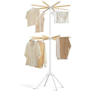 SONGMICS Clothes Drying Rack 2-Tier, with Bamboo Hanging Rods, Foldable Metal Laundry Rack, Space-Saving, Free-Standing Airer, Indoor Use, White and Natural ULLR517W01