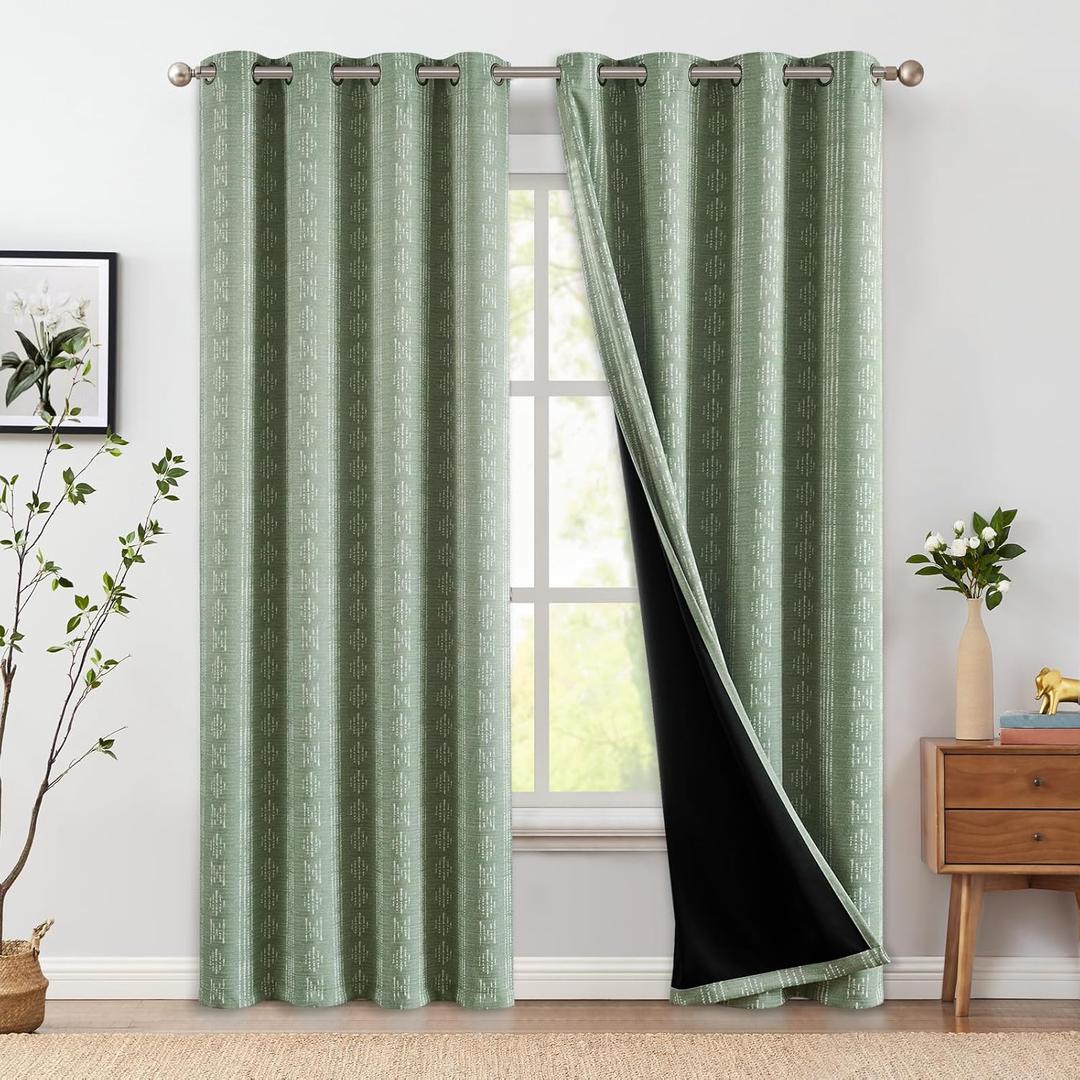 jinchan 95% Blackout Boho Curtains 84 Inches Long for Bedroom White on Sage Green Geometric Printed Grommet Top Room Darkening Thermal Insulated Window Drapes 2 Panels