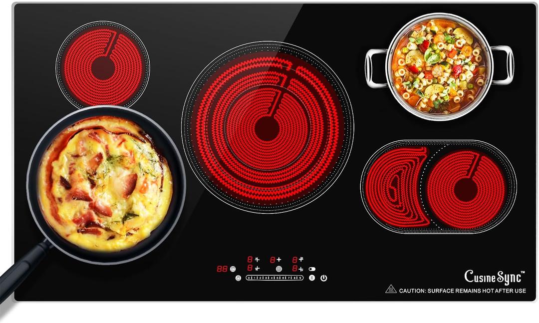 36 Inch Electric Cooktop, 5 Burner Built-In Ceramic Glass Stove Top, 9200W