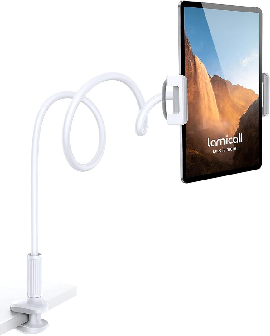 Lamicall Gooseneck Tablet Mount Holder for Bed Flexible Tablet Arm Clamp for Bed, as Gifts Compatible with Pad Pro 10.5, Air 9.7, Mini 7.9, Galaxy Tabs, Switch, More 4.7-11" Device - White