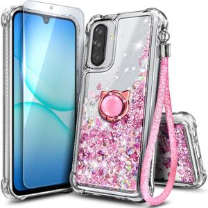 NGB Designed for Samsung Galaxy A17 5G Phone Case, Rose Gold | Glitter Liquid Sparkle Cute Cover for Women Girls Kids | with Screen Protector & Ring Holder & Wrist Strap Lanyard
