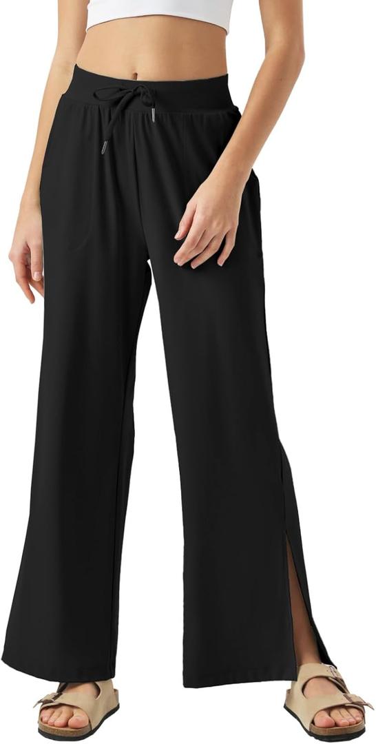 26"/28"/30" Inseam Womens Wide Leg Sweatpants Petite High Waist Summer Pants UPF50 Lightweight Beach with Pocket Split Leg (Medium, Black)