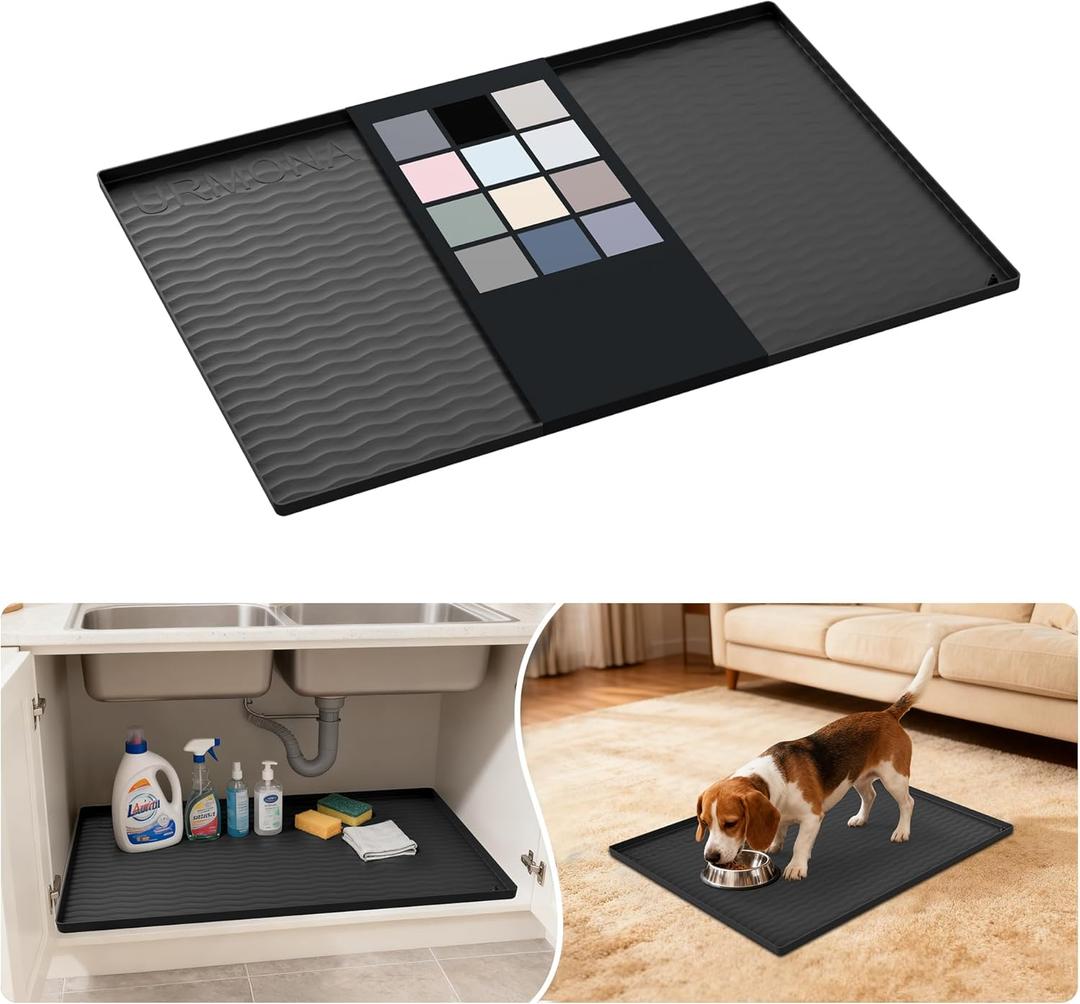 URMONA Waterproof Silicone Under Sink Mat 28'' x 22'' Shelf Liner for Kitchen and Bathroom, Cabinet and Counter Protector, Storage and Organizers, Litter Mat, Pet Cat Puppy Essentials (Black)