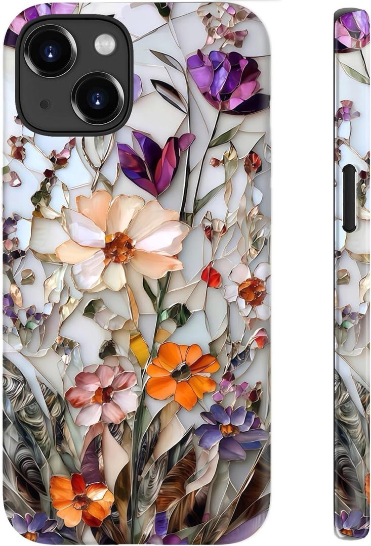 for iPhone 15 Case Cute - Wireless Charging Compatible - Dual-Layer Hard Shell + Silicone Cover - Aesthetic Protective Phone Case for Women - Marble Pressed Flowers